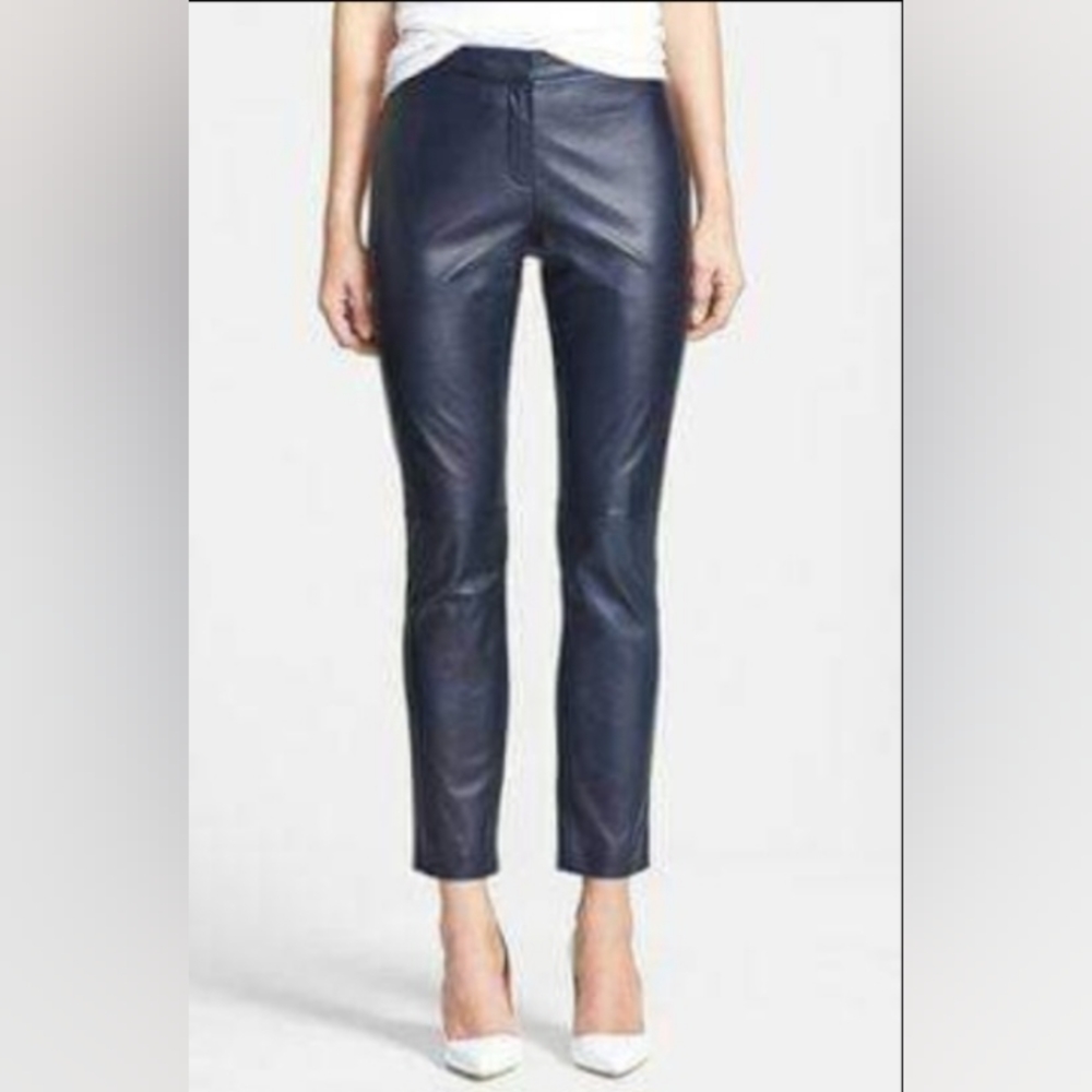 Halogen Navy Blue Geniune Leather Ankle Pants, size 0.